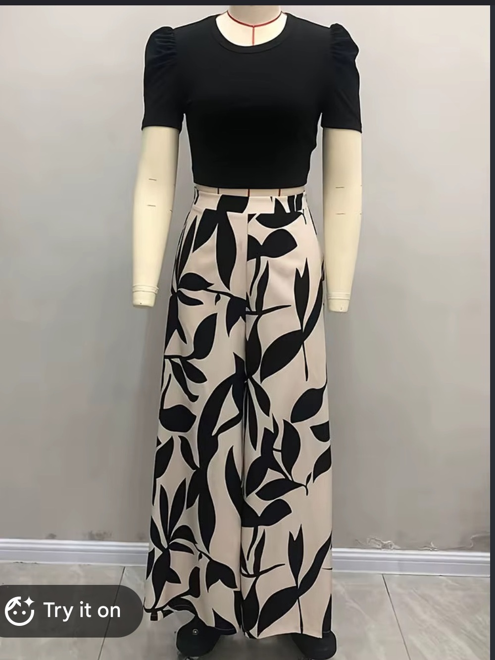 Cream Wide Leg Pants with Black Leaf Print and Black Cropped Top